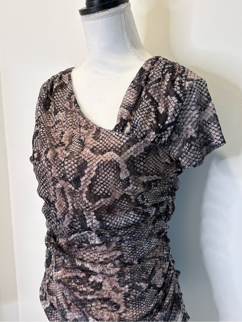Snakeskin Print Ruched Mesh Top Bodycon Y2K Mob Wife Taupe Brown Est M - Picture 3 of 10